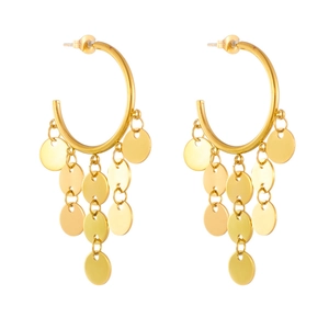 Golden titanium steel hoop earrings with layered disc tassel pendants on white background