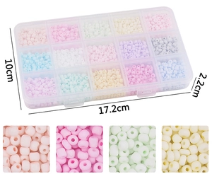 Detail view of 15-compartment organizer box with 4mm colorful glass seed beads for DIY