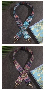 Detail of adjustable woven straps with colorful patterns and golden metal hardware hooks