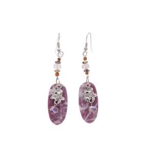 Bohemian purple marble resin earrings with silver floral accents and dangling beads