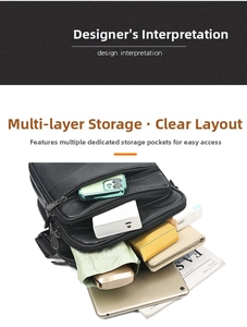 Detail view of large capacity black leather bag showing multi-layer storage compartments