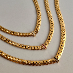 18k gold plated stainless steel curb chain necklaces with colorful micro-inlaid gemstones