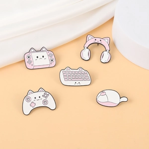 Cute Cat Ear Gaming Enamel Brooch Pin Alloy Pink White Keyboard Headphones Game Console Controller Badge Jewelry For Women Girls