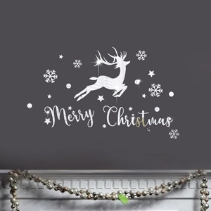 Mirror acrylic Christmas reindeer and snowflakes wall decals on a dark gray room wall