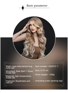 Detailed view of long wavy blonde synthetic lace front wig featuring a 70cm length T-net design