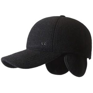 Winter men's fleece baseball cap in black with folding ear flaps and metal AR logo