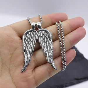 Vintage silver punk double angel wing pendant with durable box chain for men fashion
