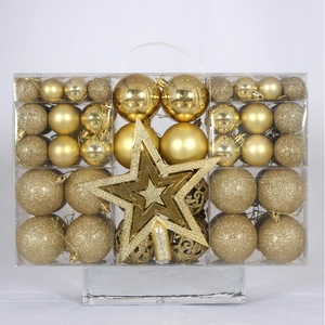 101-piece gold Christmas tree ornaments set with glitter balls and star topper in PVC box