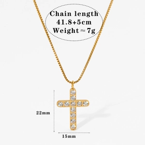 Detailed dimension guide for gold stainless steel cross necklace with crystal accents