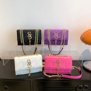 Quilted PU Leather Small Square Bag For Women With Gold Chain Strap And Metal Tassel Logo Chic Trendy Shoulder Crossbody