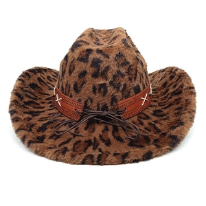 Detailed close-up of leopard print wool texture and leather strap on western cowboy hat