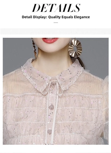 Close-up of light pink lace top with sequined mesh and a sweet Peter Pan collar detail