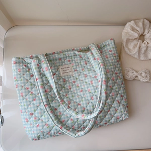 Quilted floral tote bag with blue gingham pattern and pink tulip print for women