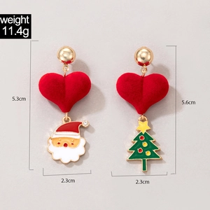Detailed view of asymmetric Santa and Christmas tree earrings with dimensions and weight