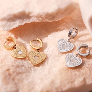 Fashion heart drop earrings in gold and silver finish with mother of pearl inlay