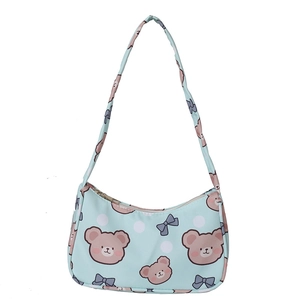 Light blue shoulder bag with cute cartoon bear print and stylish underarm design