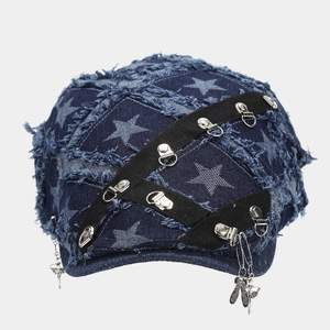 Distressed blue denim beret with star prints, metal D-rings and ballet charms decoration