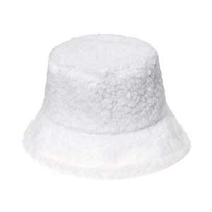 Thick warm white plush fleece bucket hat for winter outdoor casual wear in solid color