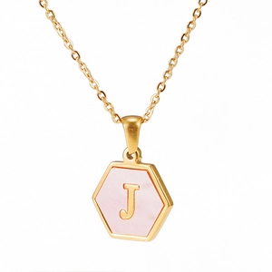 Gold stainless steel hexagonal necklace with pink shell inlay and letter J pendant