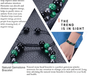Macro detail of malachite, obsidian, and hematite beads on an adjustable woven bracelet