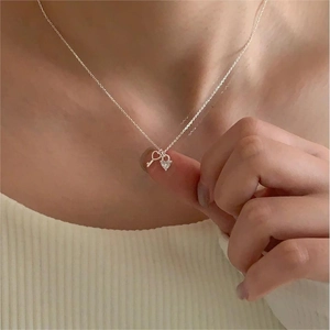 925 Sterling Silver Heart Lock And Key Pendant Necklace With Cubic Zirconia Simple Korean Style For Women