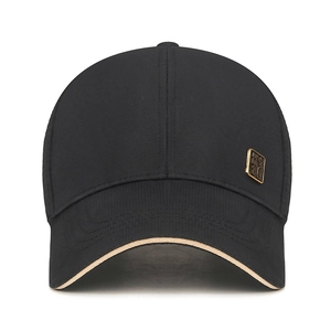 Black mesh baseball cap with golden metal plaque and khaki sandwich peak brim