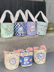 Borsa A Mano A Secchiello In Tela Cartone Animato Con Manico In Peluche Stampa Coniglio Orso Stile Coreano Per Donne
