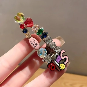 Elegant handmade metal hair clip with colorful rhinestones and pink Hand Made plate