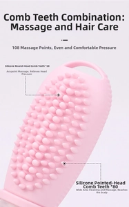 Detailed view of pink silicone scalp massager featuring 108 dense cleaning bristles