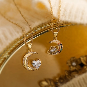 Moon Heart Pendant Necklace Copper 18K Gold Plated Zircon Star Clavicle Chain Luxury Fashion Jewelry For Women