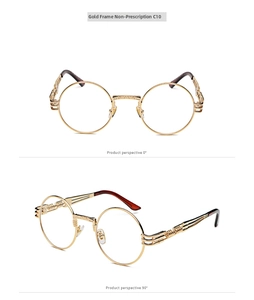 Detail view of gold round metal frames with intricate spiral textured temples design
