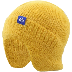 Winter Warm Knitted Earflap Hat Plush Faux Fur Windproof Outdoor Snowflake Label Beanie For Women