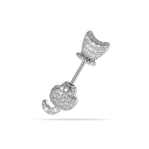 Silver barbell piercing with cute sparkling cat head and tail zircon screw studs