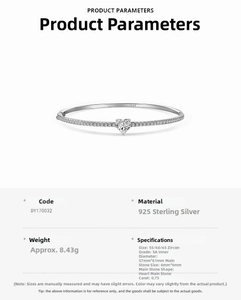 Detail view showing 925 sterling silver bangle specs and heart-shaped 5A zircon