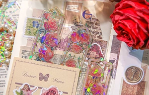 Detail of red rose PET stickers with holographic gold borders for journaling