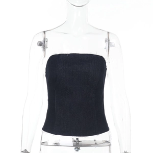 Haut tube en denim bleu foncé sexy et ajusté pour femme style plage chic