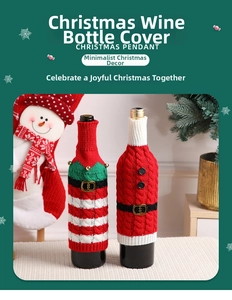 Close-up of festive knitted wine bottle covers with Santa and Elf holiday designs