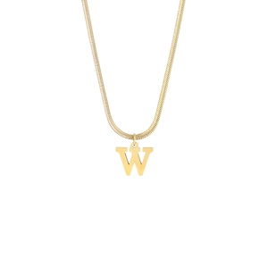 Macro view of polished 18K gold letter W pendant on flat herringbone chain