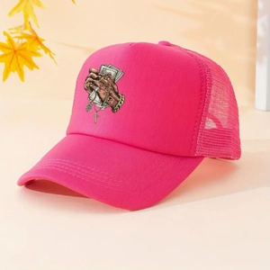 Close-up of rose pink mesh cap with praying hands money print and breathable design