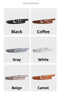 Selection of six slim waist belts for women in black, brown, grey, white, beige, and camel