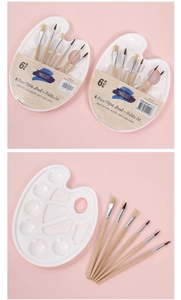 Set dettagliato di sei pennelli assortiti con una tavolozza di miscelazione in plastica