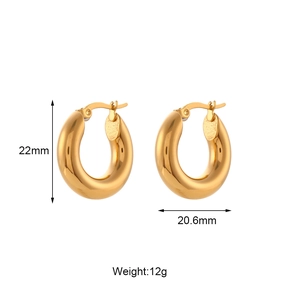 Detailed size guide of gold chunky hoop earrings showing 22mm height and 12g weight