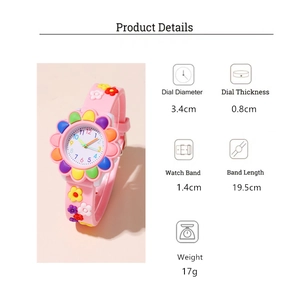 Close-up of pink sunflower kids watch with silicone strap and 3D colorful floral details