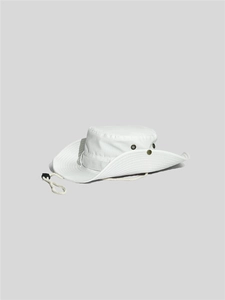 Detailed macro view of white outdoor sun hat with windproof cord and metal vent holes