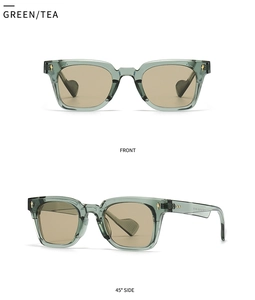 Detail view of retro green cat-eye sunglasses with golden leopard temple and tea lenses