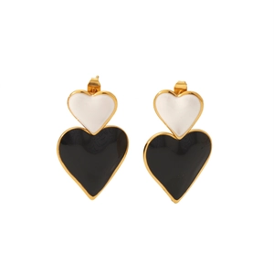 Detail of 18k gold plated double heart earrings with black and white drip oil finish