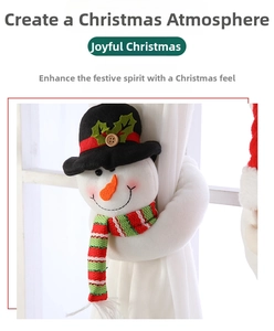 Detailed close-up of a plush snowman curtain fastener with a festive striped scarf