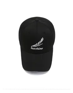 Detailed top view of black breathable mesh baseball cap with white Sunshine embroidery