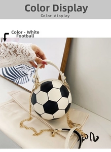 Detail of soccer ball shaped handbag with litchi grain leather and gold chain strap