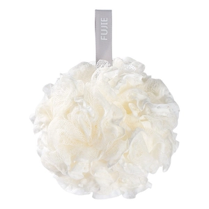 Soft white PE mesh bath ball with a gray hanging rope for gentle body exfoliating